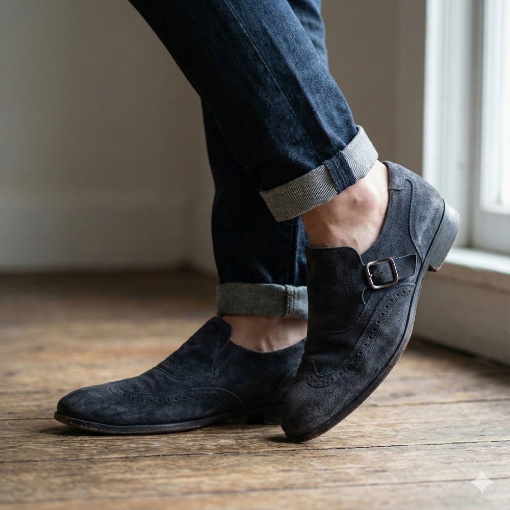 Salvatore Ferragamo Loafers Mens 8.5 Slate Blue Suede Monk Strap Wingtip‎ Shoes
